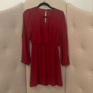 Express Wine Red Long Sleeve Round Neck Elastic Waist Dress w Lace Details XS